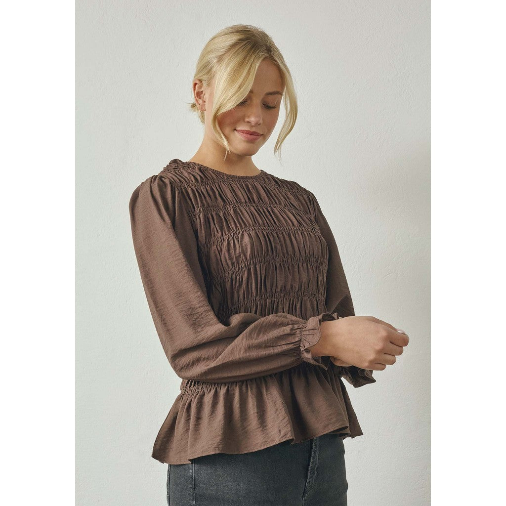 I SAY Noel Smock Blouse in Dark Brown front view