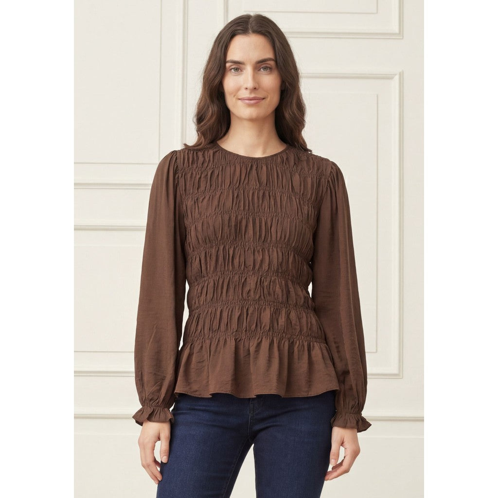 I SAY Noel Dark Brown smocked blouse styled on model