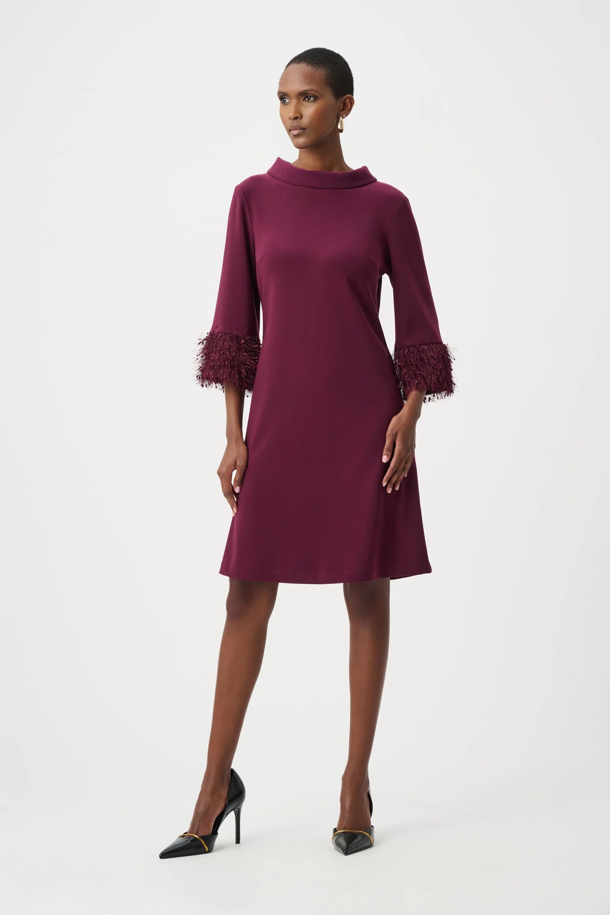 Joseph Ribkoff Fringe-Sleeve A-Line Dress in Elderberry, style 253054F26 shown from the front