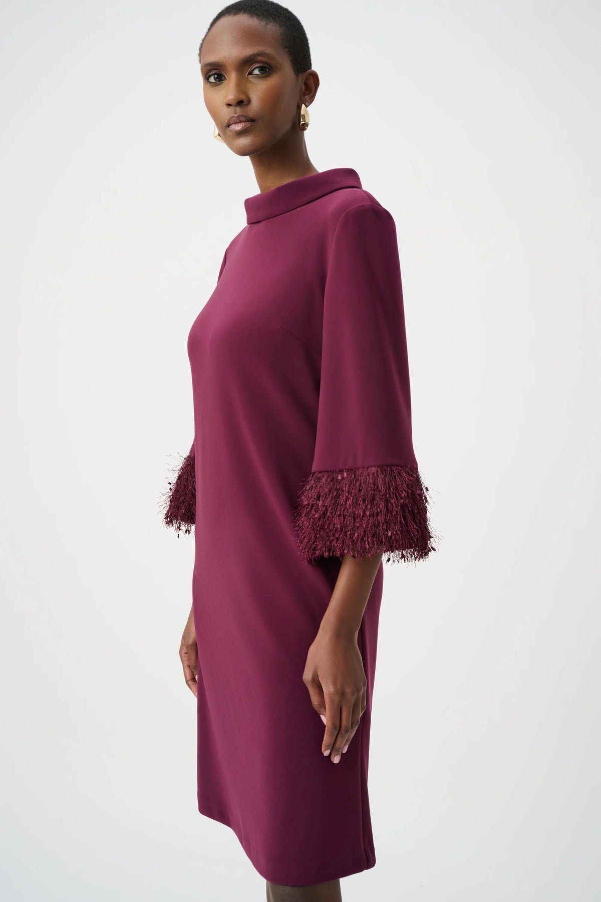 Joseph Ribkoff Fringe-Sleeve A-Line Dress in Elderberry, style 253054F26 shown at a three-quarter angle