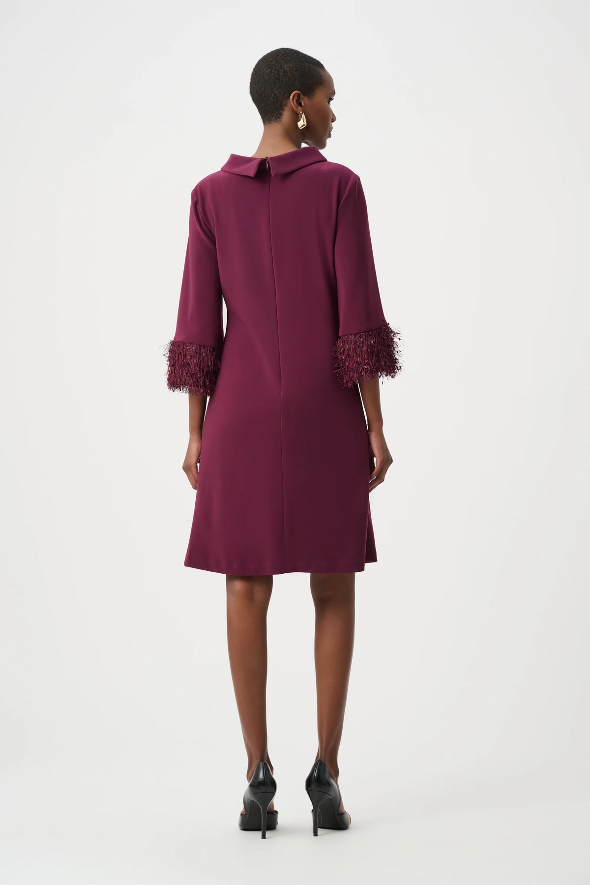  Joseph Ribkoff Fringe-Sleeve A-Line Dress in Elderberry, style 253054F26 shown from the back