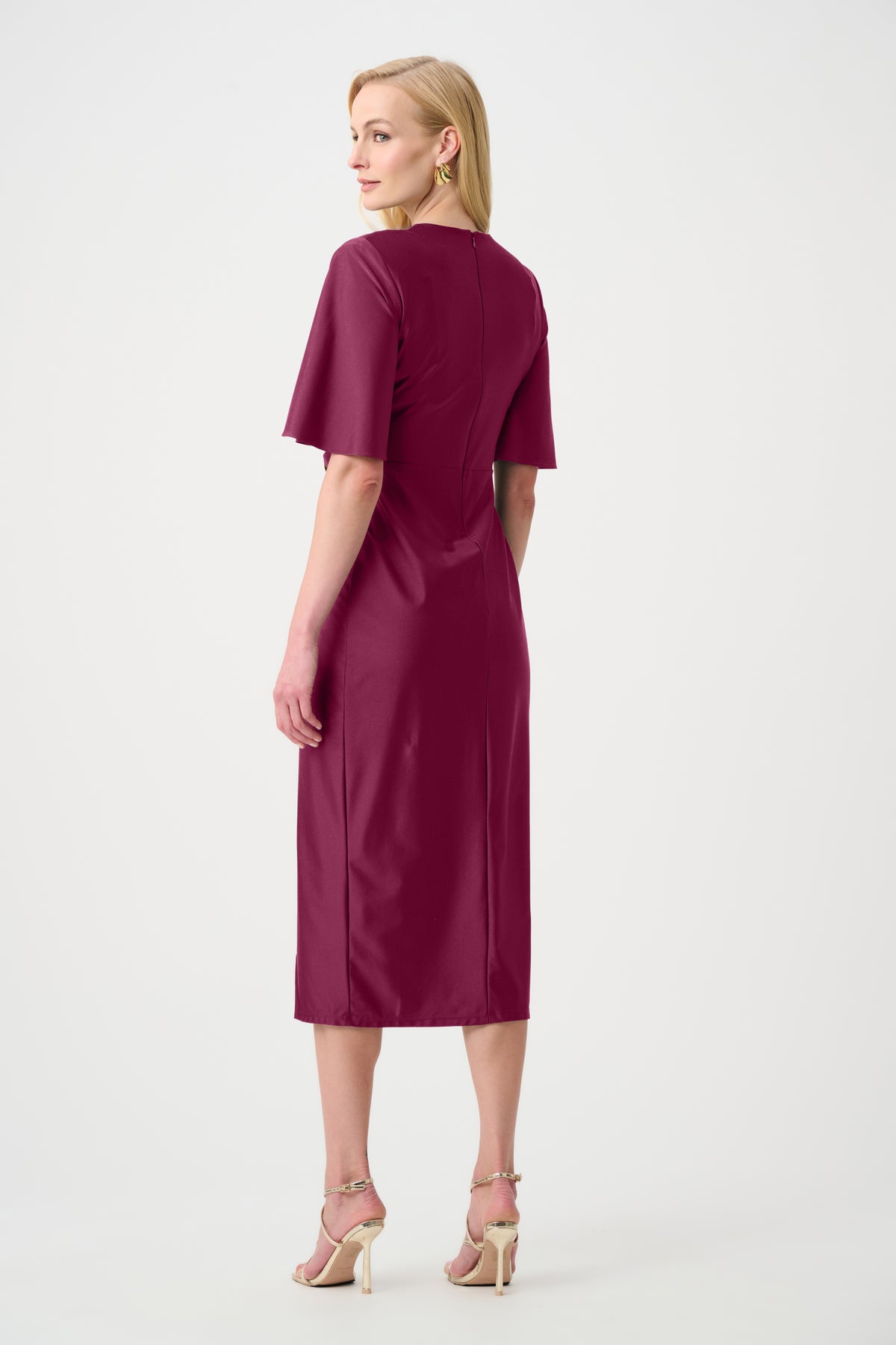 Joseph Ribkoff Satin-Effect Knit Wrap Dress With Ruched Waistband in Berry Burst, style 263733 shown from the back