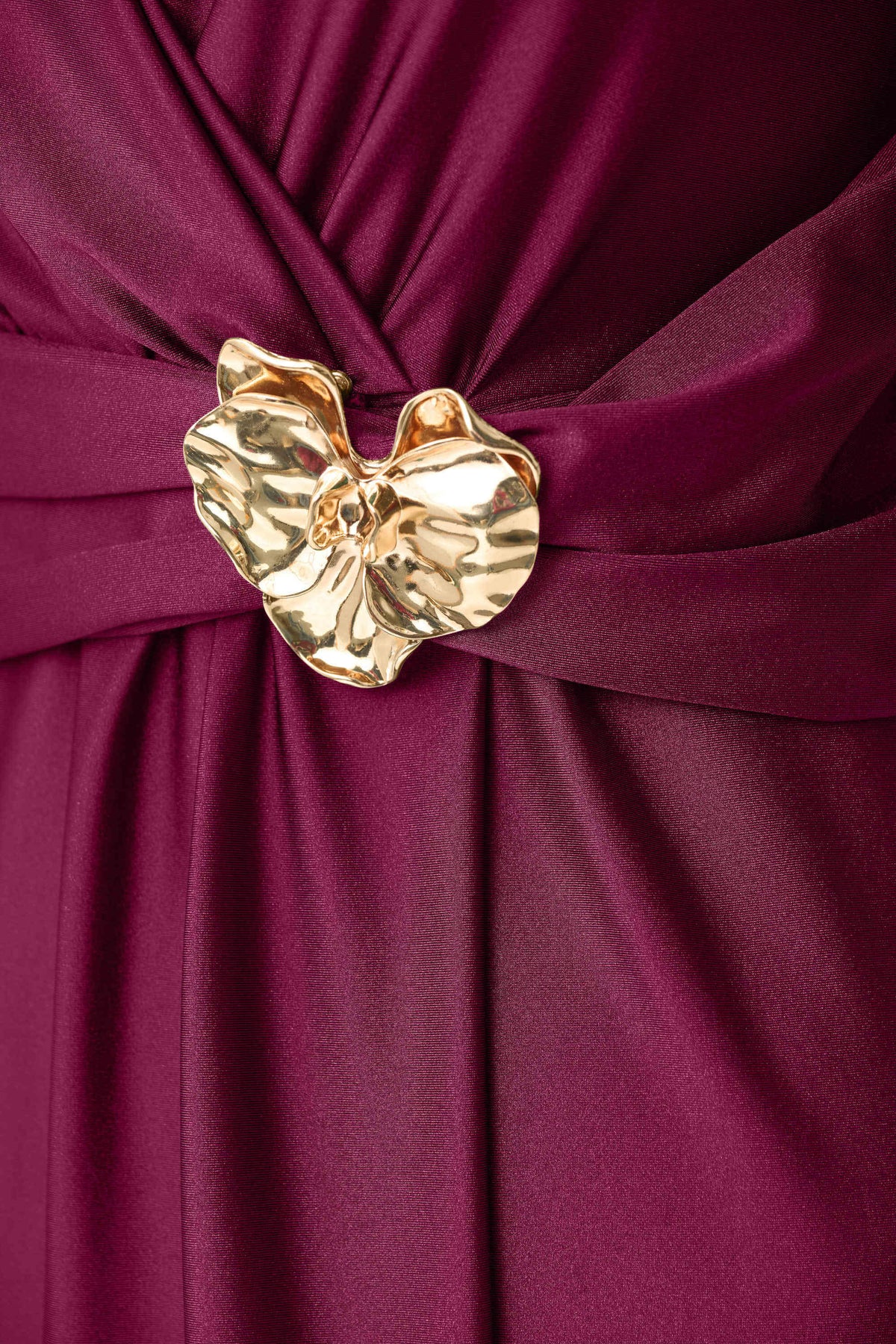 Close-up of fabric, sleeve, trim or fastening on Joseph Ribkoff Satin-Effect Knit Wrap Dress With Ruched Waistband in Berry Burst, style 263733