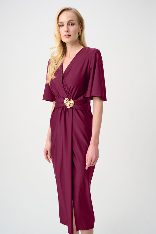Joseph Ribkoff Satin-Effect Knit Wrap Dress With Ruched Waistband in Berry Burst, style 263733 shown from the front