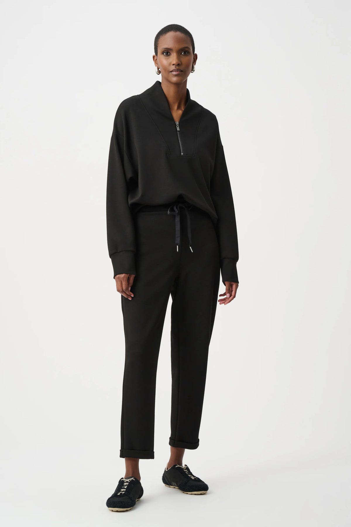 Joseph Ribkoff Pull-On Drawstring Waist Jogger Pants in Black, style 261606F26 shown from the front