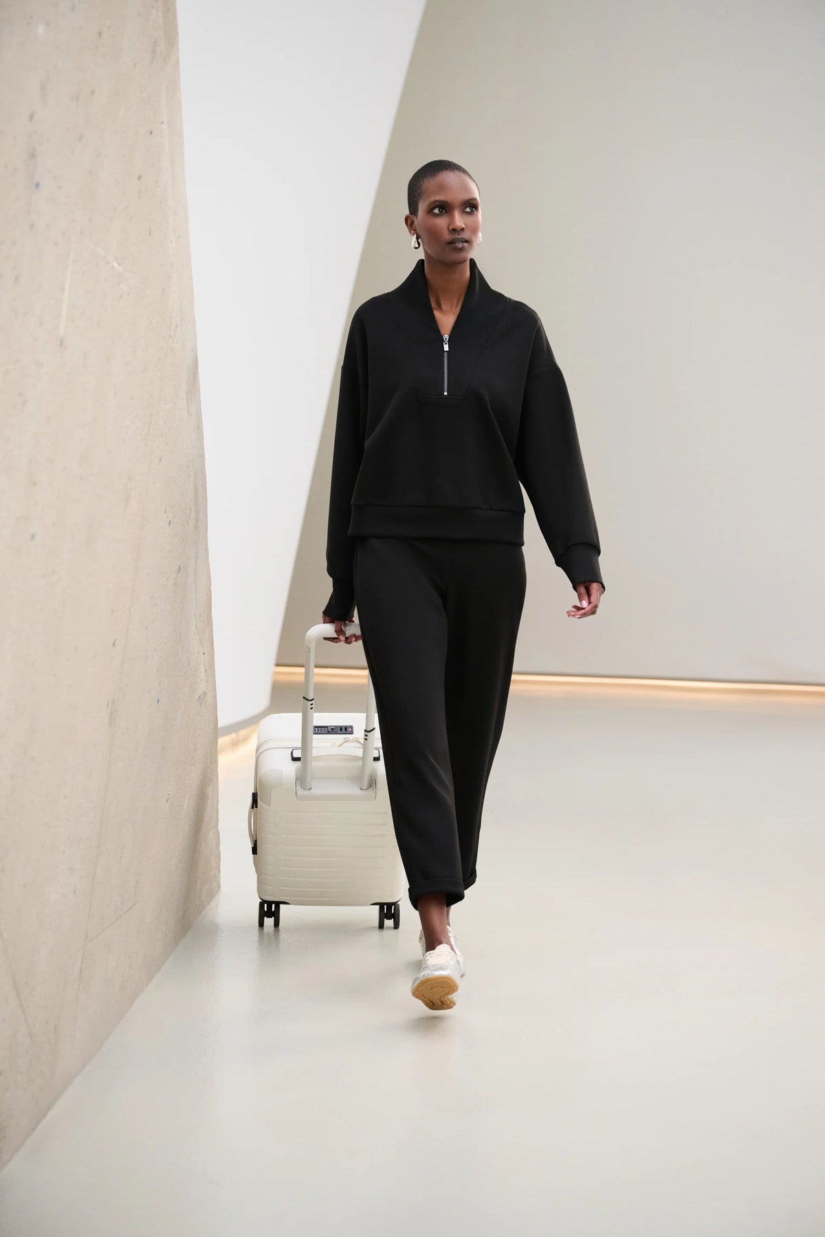 Full styled view featuring Joseph Ribkoff Pull-On Drawstring Waist Jogger Pants in Black, style 261606F26