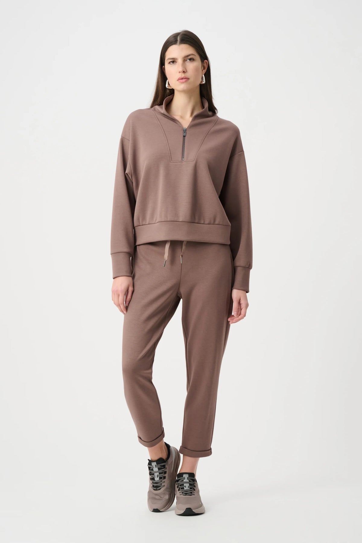 Joseph Ribkoff Pull-On Drawstring Waist Jogger Pants in Mink, style 261606F26 shown from the front