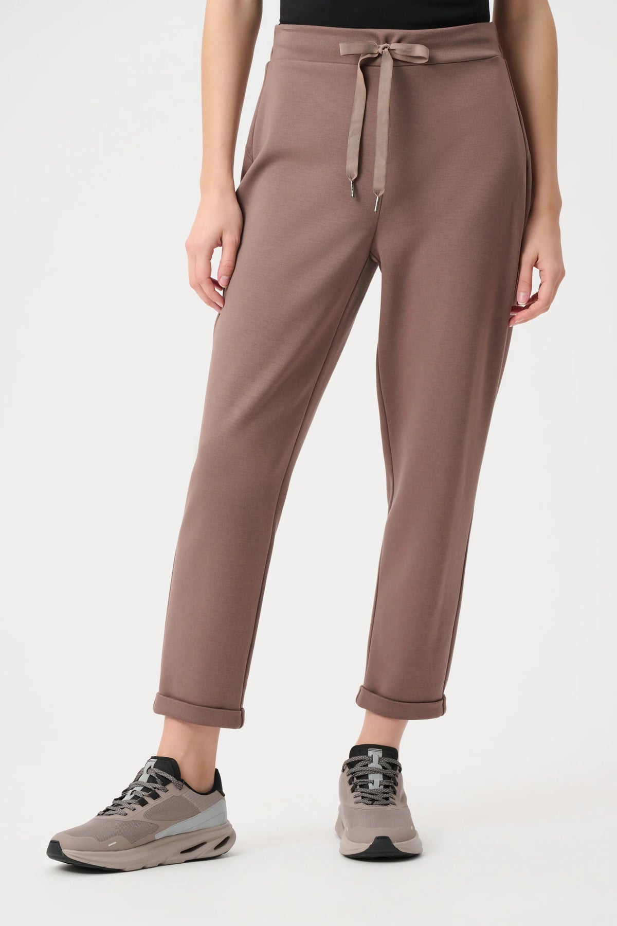 Joseph Ribkoff Pull-On Drawstring Waist Jogger Pants in Mink, style 261606F26 shown at a three-quarter angle