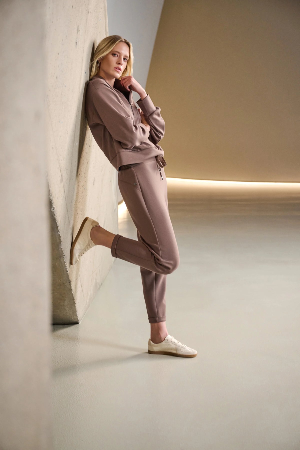 Full styled view featuring Joseph Ribkoff Pull-On Drawstring Waist Jogger Pants in Mink, style 261606F26