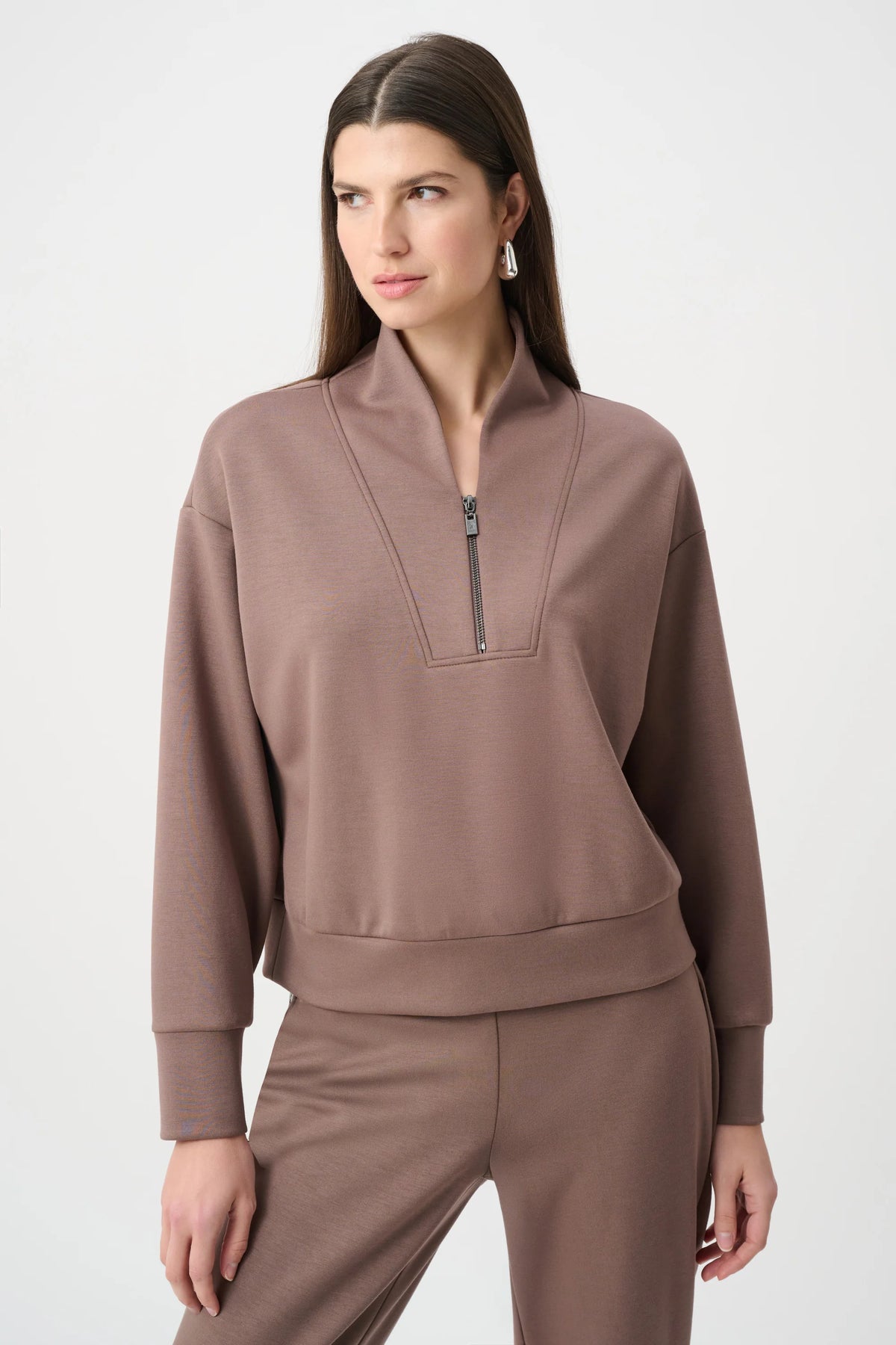 Joseph Ribkoff Half-Zip Sweatshirt in Mink, style 261610F26 shown from the front