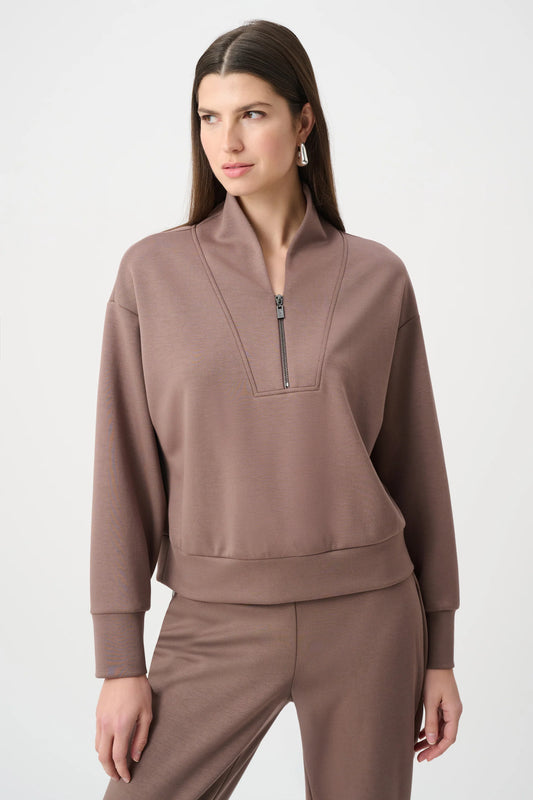 Joseph Ribkoff Half-Zip Sweatshirt in Mink, style 261610F26 shown from the front
