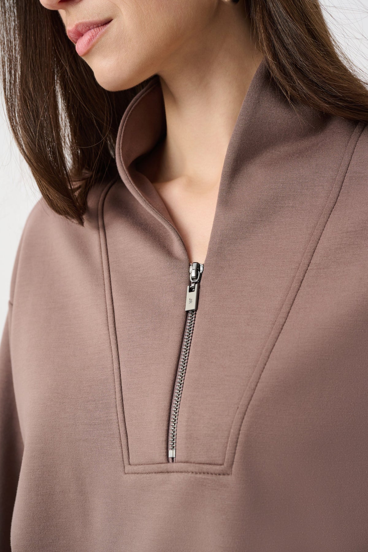 Close-up of neckline and upper-body details on Joseph Ribkoff Half-Zip Sweatshirt in Mink, style 261610F26