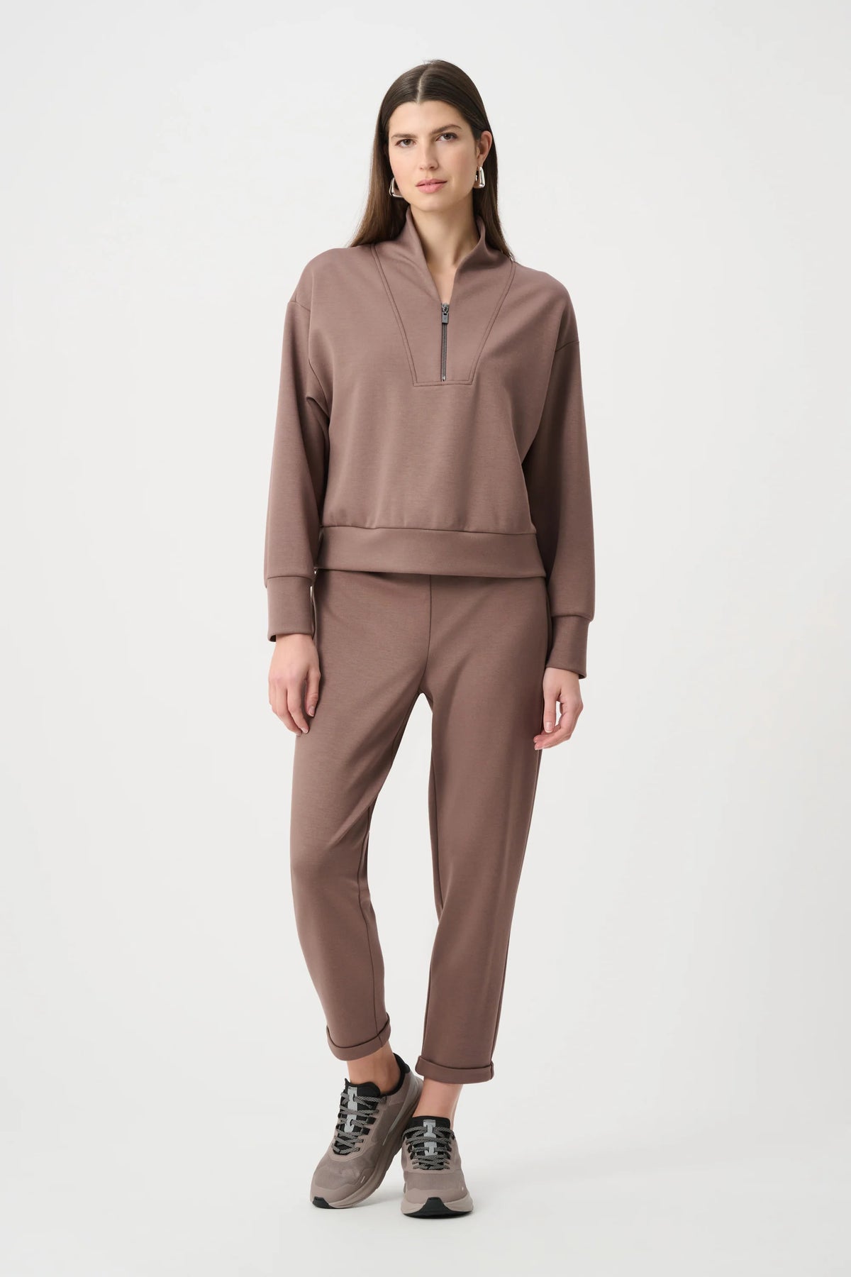 Full styled view featuring Joseph Ribkoff Half-Zip Sweatshirt in Mink, style 261610F26
