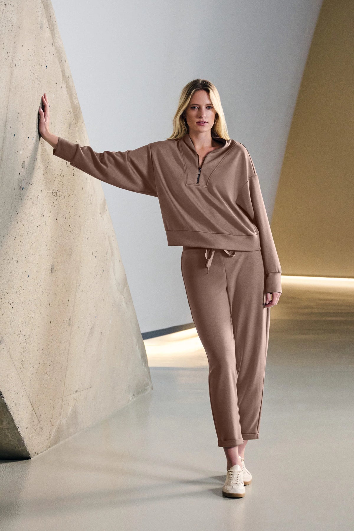 Full styled view featuring Joseph Ribkoff Half-Zip Sweatshirt in Mink, style 261610F26 in neutral background 