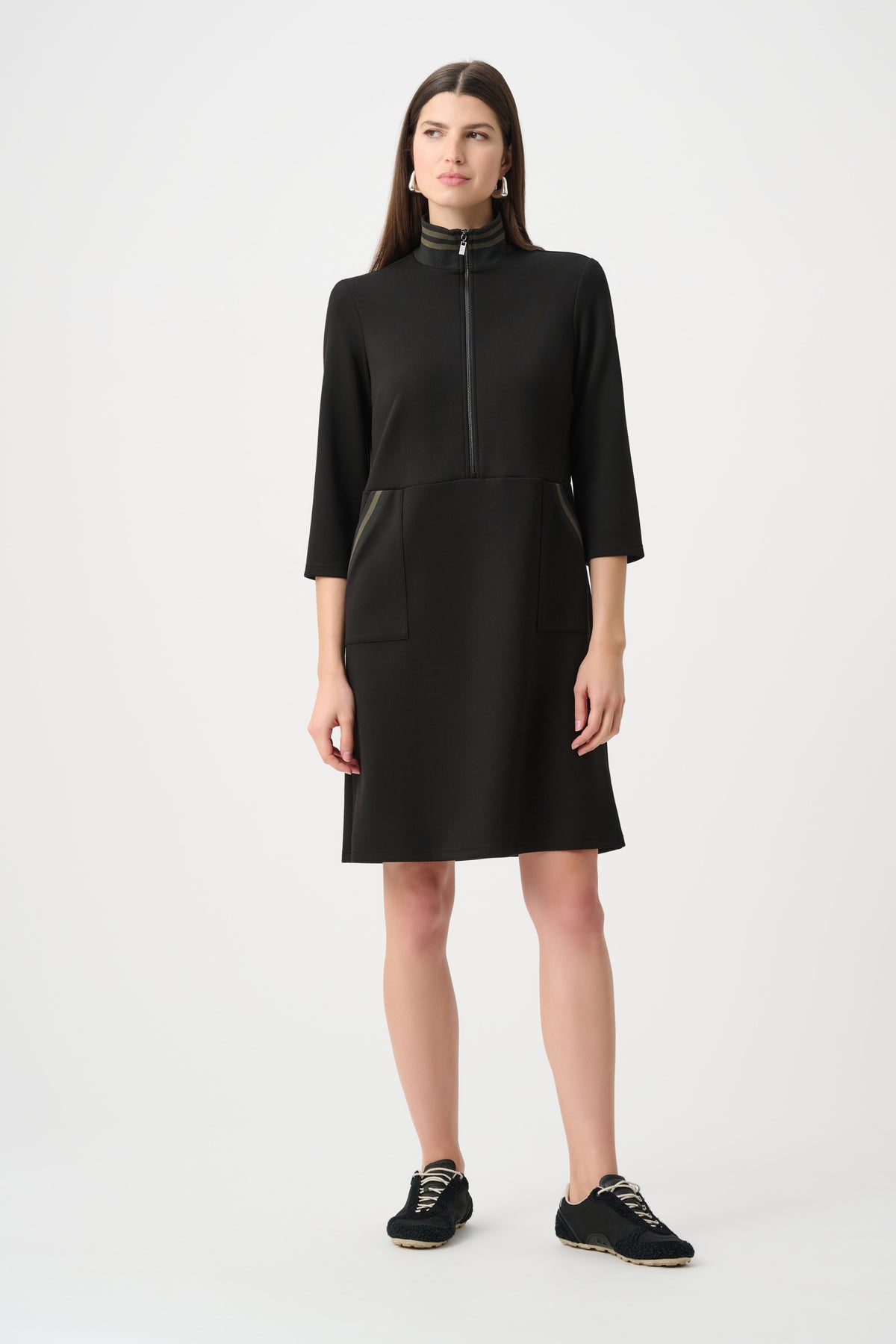 Joseph Ribkoff Funnel Neck Stripe-Trim Dress in Black/Avocado, style 263615 shown from the front