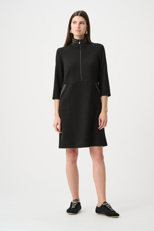 Joseph Ribkoff Funnel Neck Stripe-Trim Dress in Black/Avocado, style 263615 shown from the front