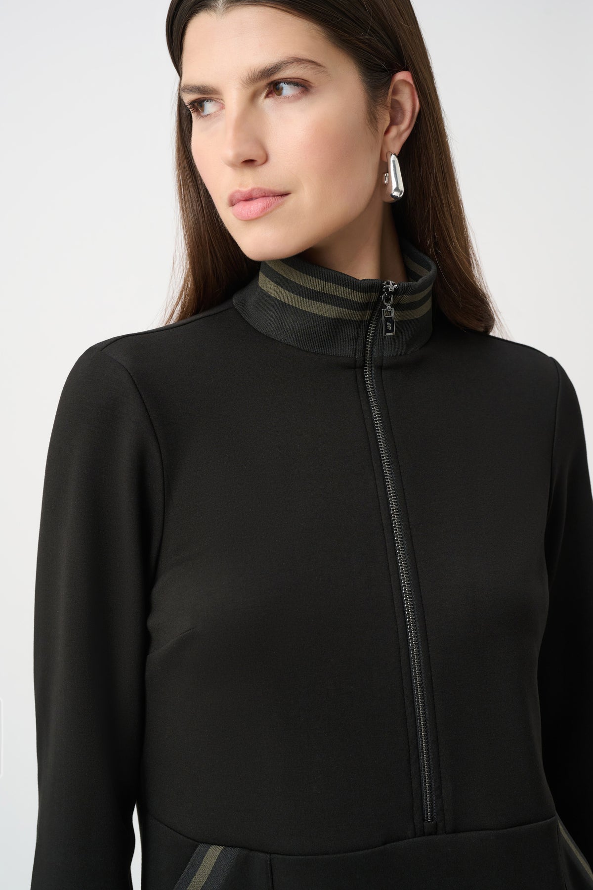 Close-up of neckline and upper-body details on Joseph Ribkoff Funnel Neck Stripe-Trim Dress in Black/Avocado, style 263615