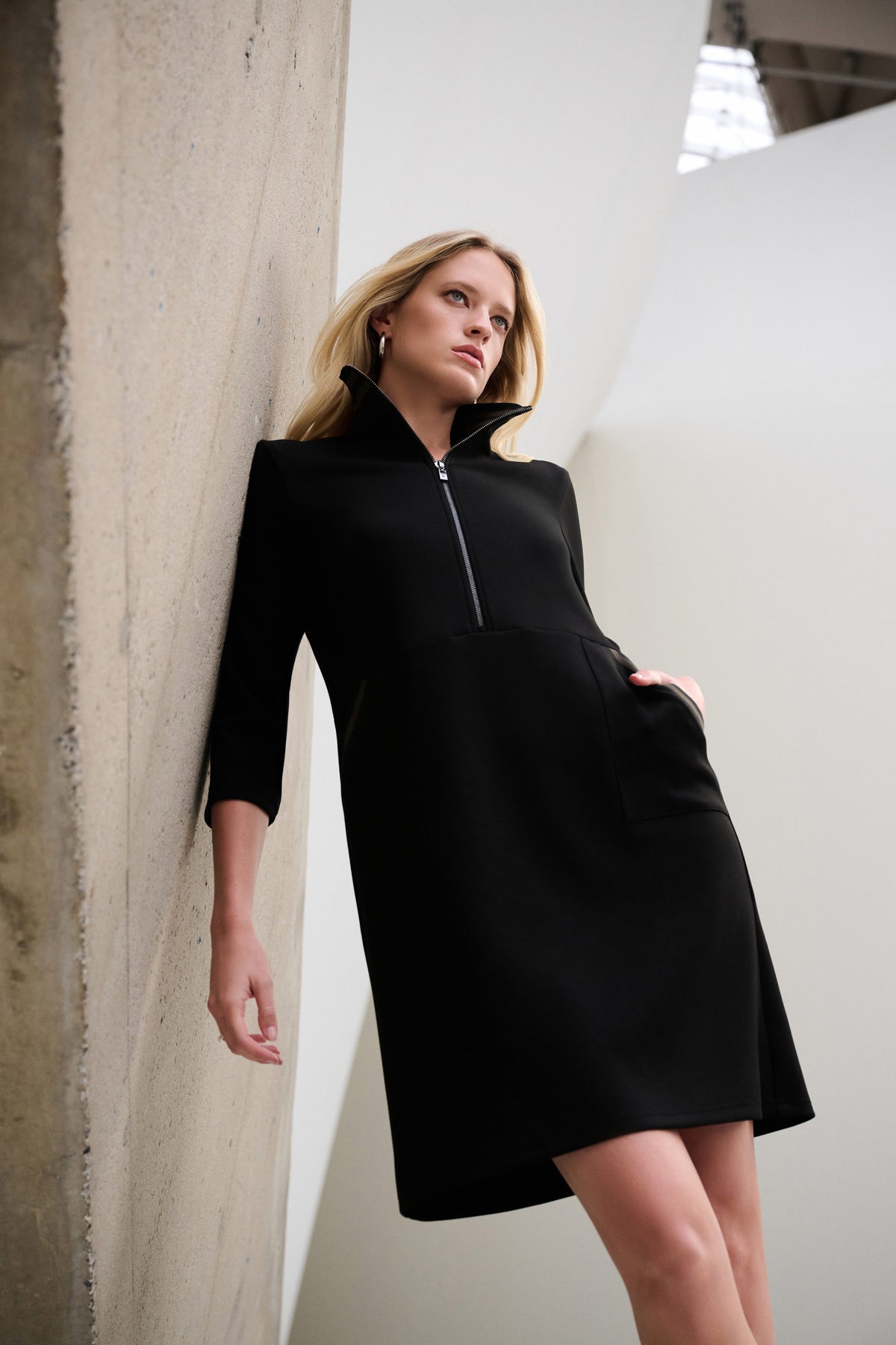 Joseph Ribkoff Funnel Neck Stripe-Trim Dress in Black/Avocado, style 263615 shown at a three-quarter angle