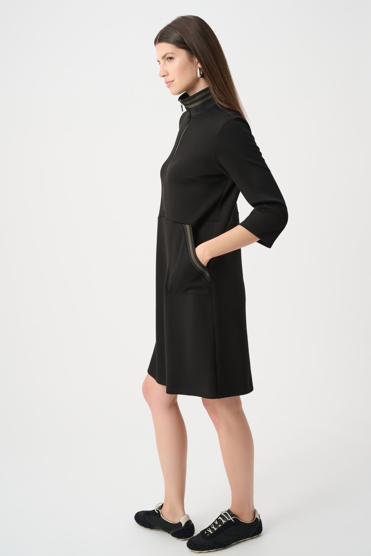 Joseph Ribkoff Funnel Neck Stripe-Trim Dress in Black/Avocado, style 263615 shown side angle