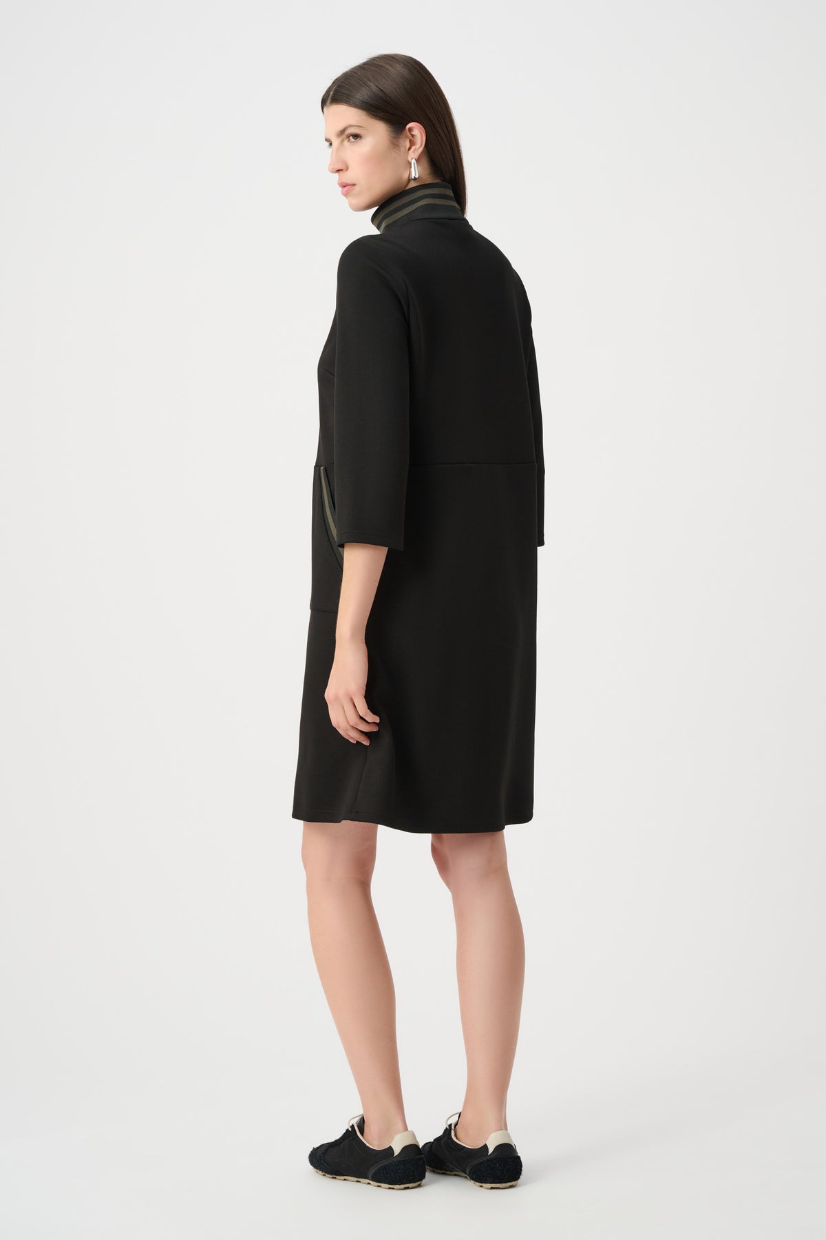 Joseph Ribkoff Funnel Neck Stripe-Trim Dress in Black/Avocado, style 263615 shown from the back
