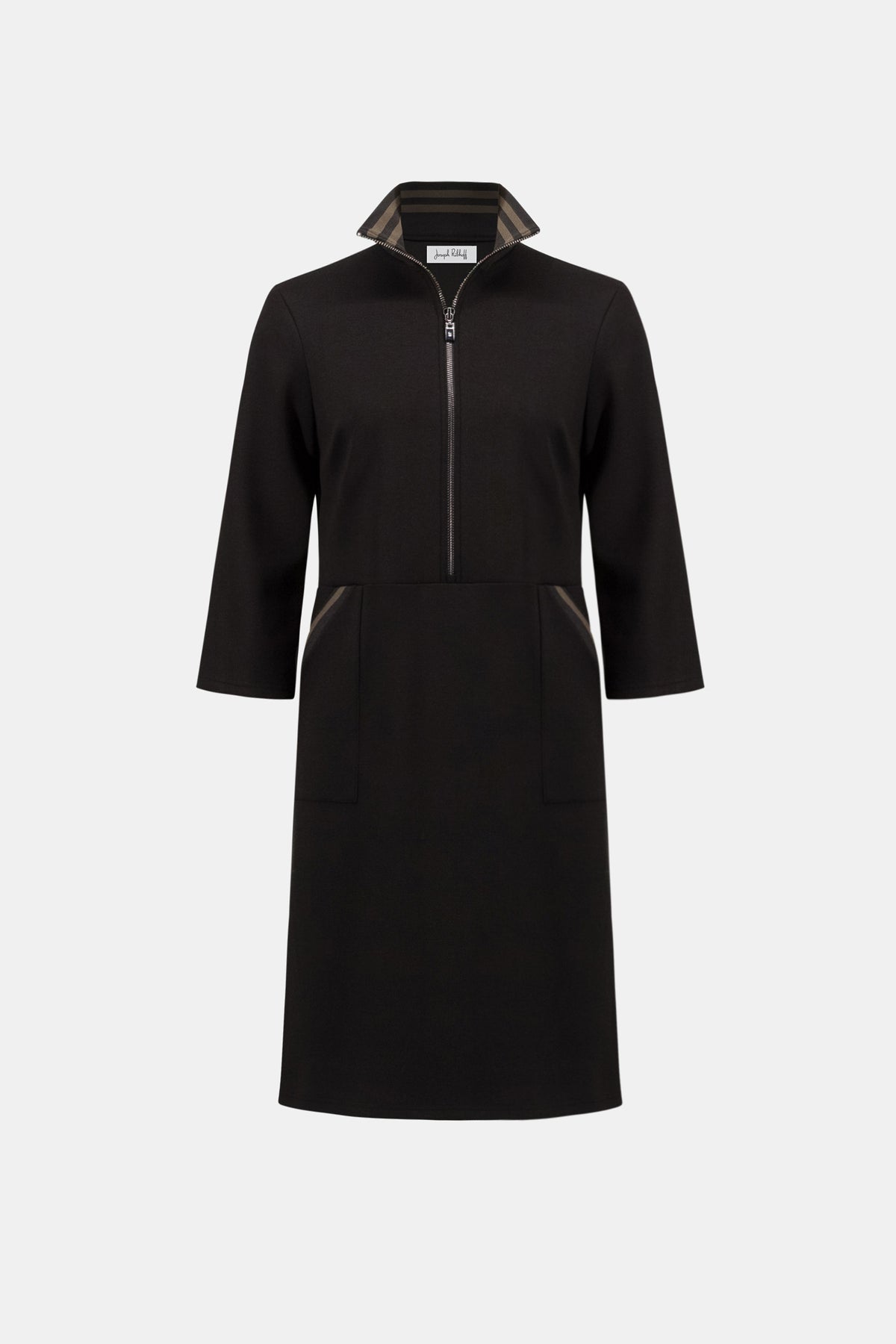 Joseph Ribkoff Funnel Neck Stripe-Trim Dress in Black/Avocado, style 263615 