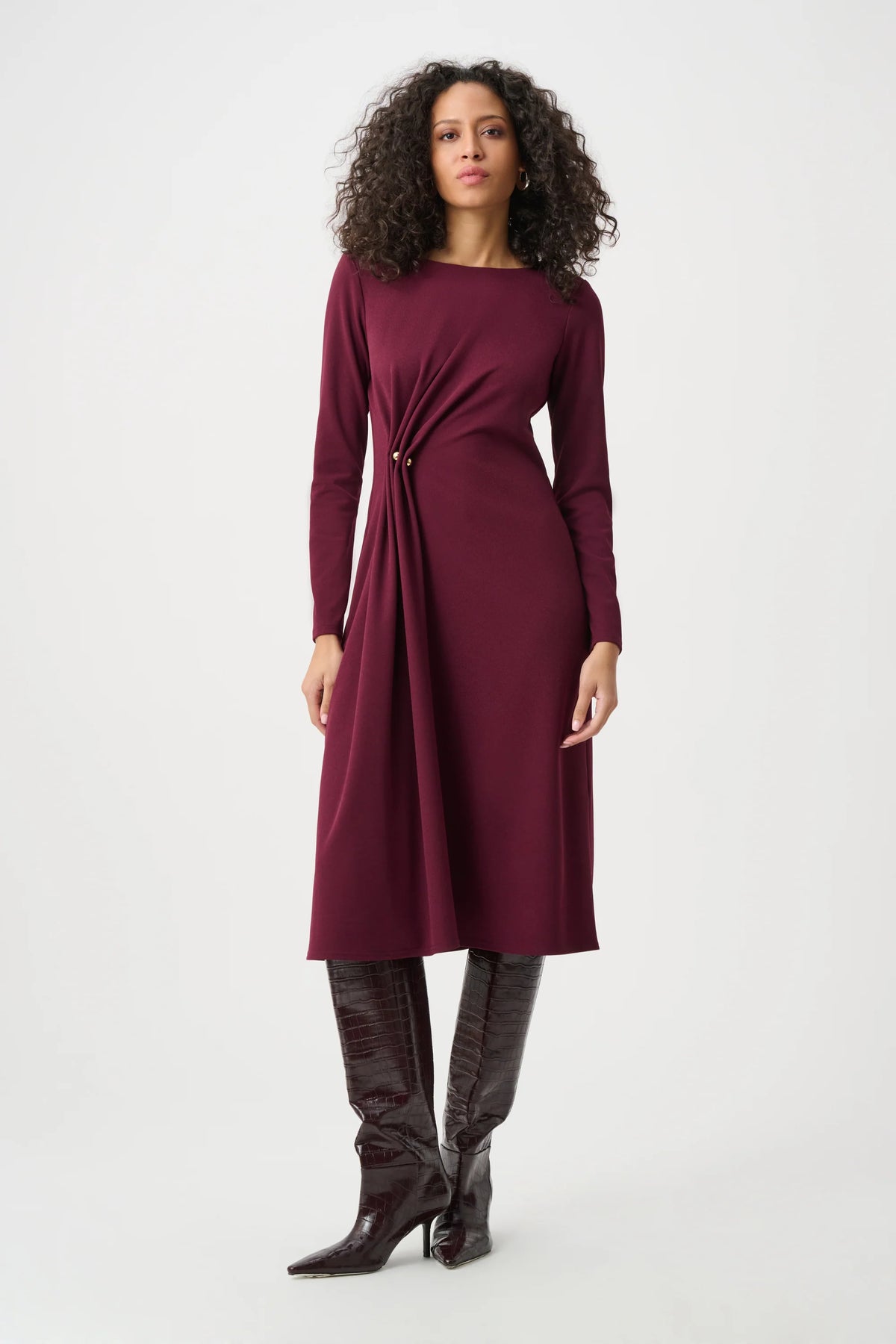 Joseph Ribkoff Scuba Crepe Draped Front Sheath Dress in Elderberry, style 263178 shown from the front