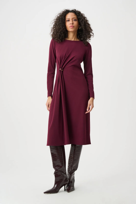 Joseph Ribkoff Scuba Crepe Draped Front Sheath Dress in Elderberry, style 263178 shown from the front