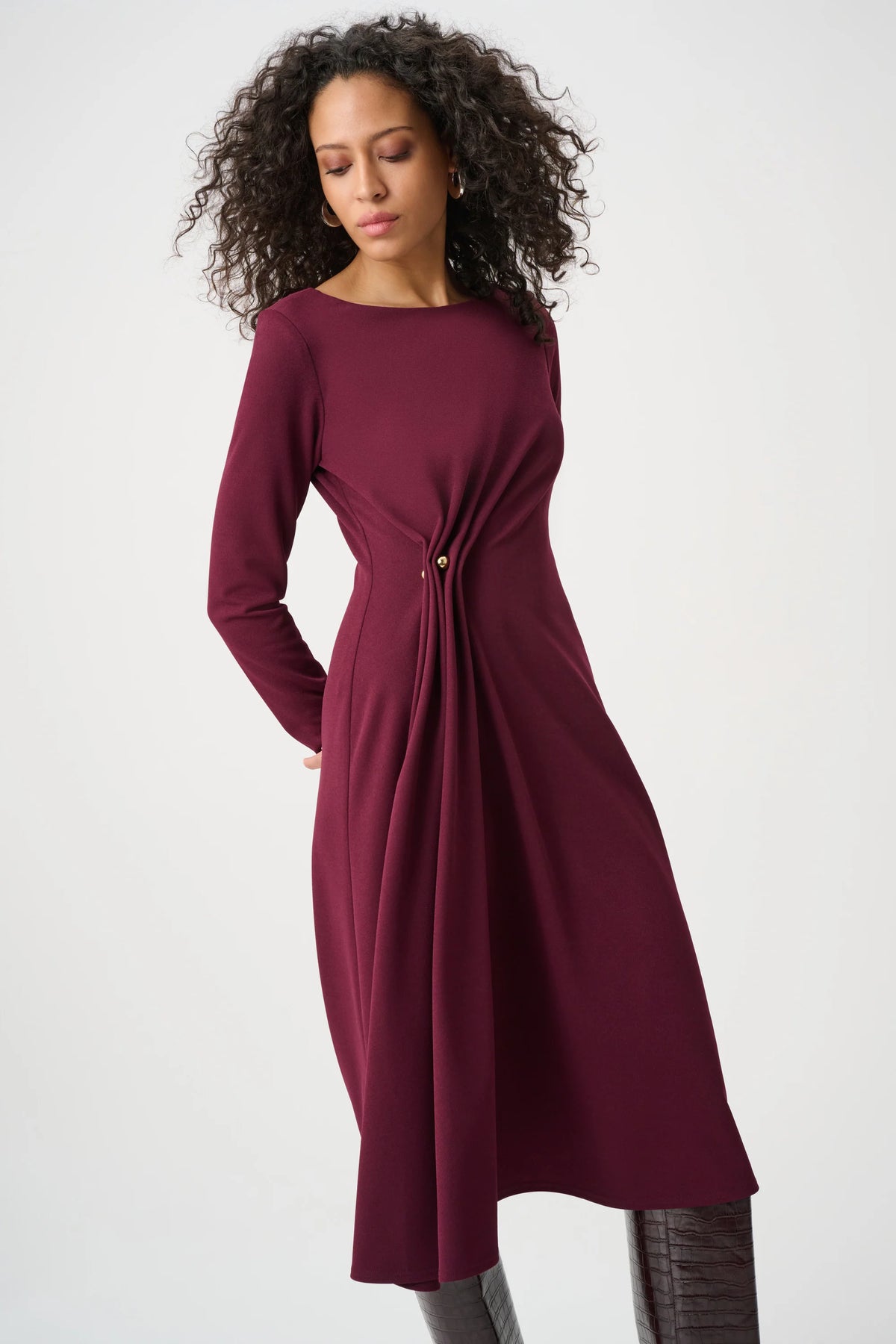 Joseph Ribkoff Scuba Crepe Draped Front Sheath Dress in Elderberry, style 263178 shown at a three-quarter angle