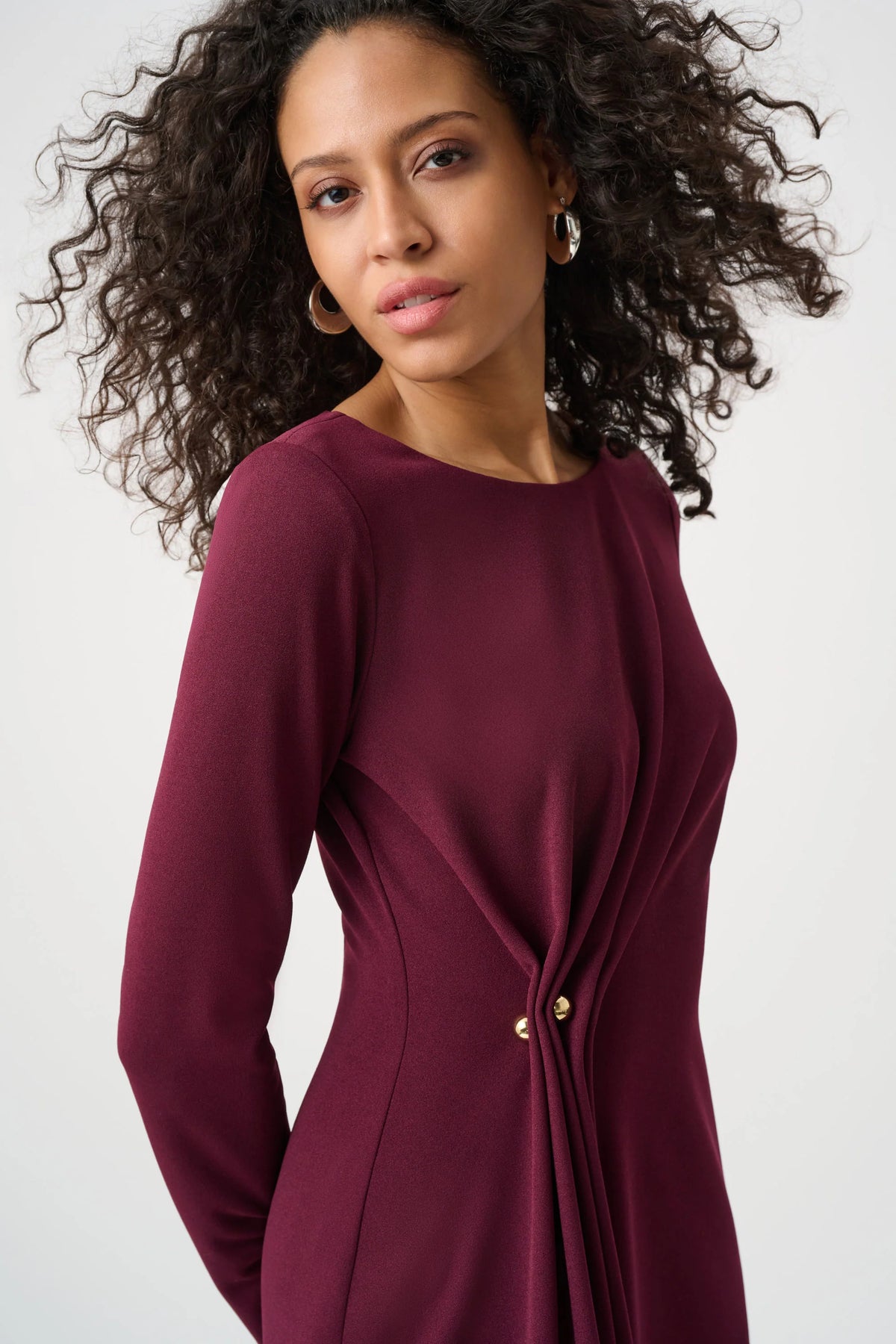 Close-up of neckline and upper-body details on Joseph Ribkoff Scuba Crepe Draped Front Sheath Dress in Elderberry, style 263178