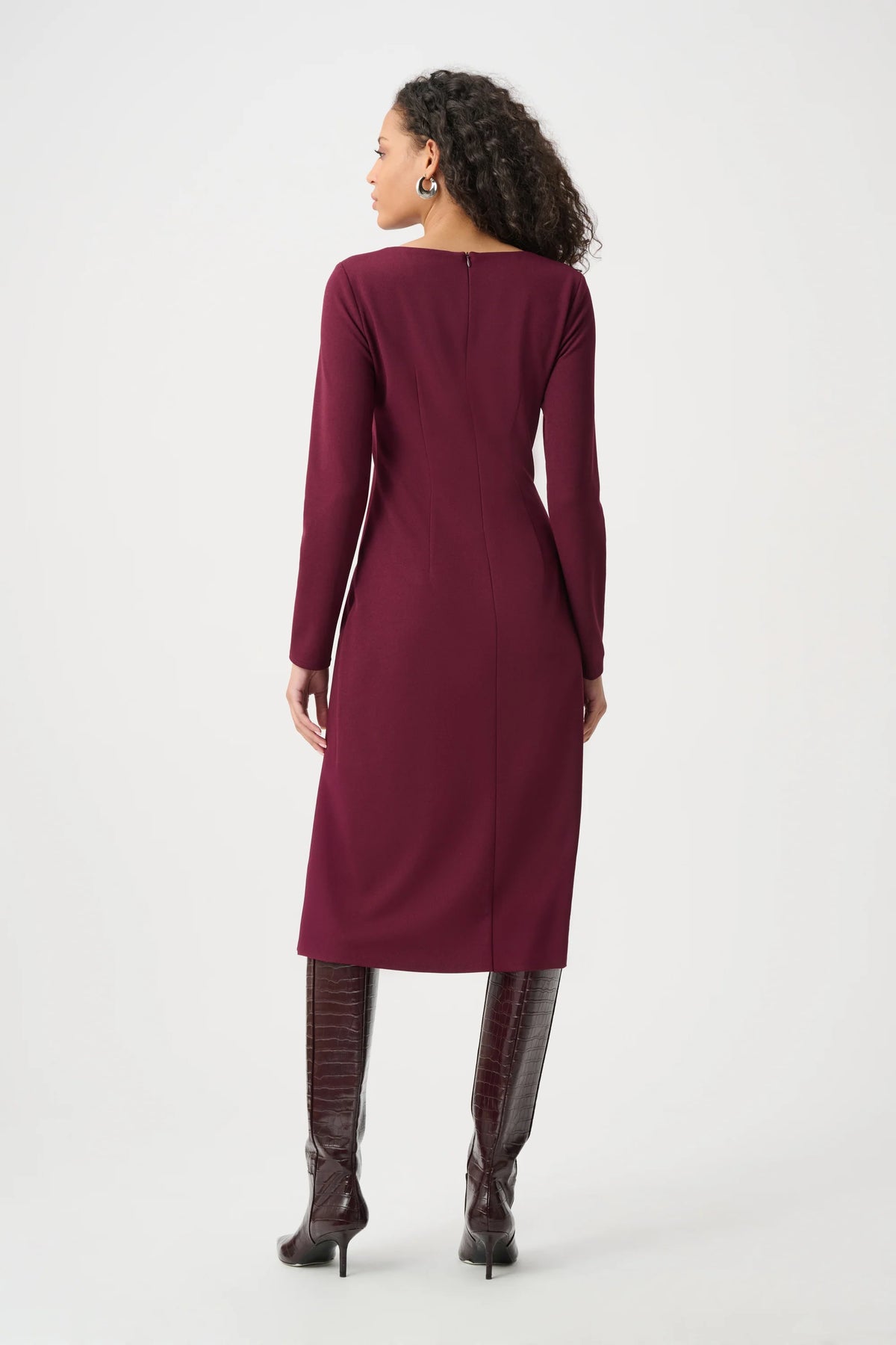 Joseph Ribkoff Scuba Crepe Draped Front Sheath Dress in Elderberry, style 263178 shown from the back