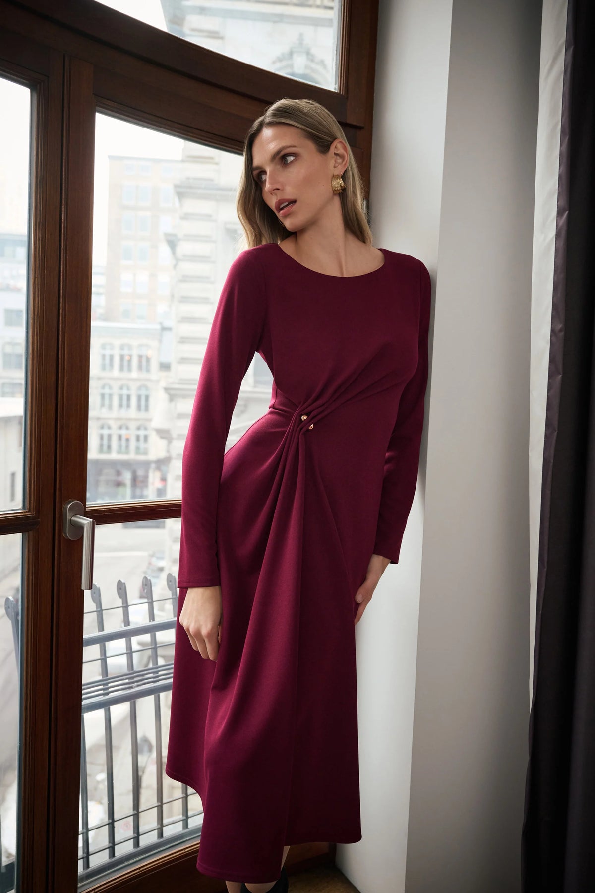 Full styled view featuring Joseph Ribkoff Scuba Crepe Draped Front Sheath Dress in Elderberry, style 263178
