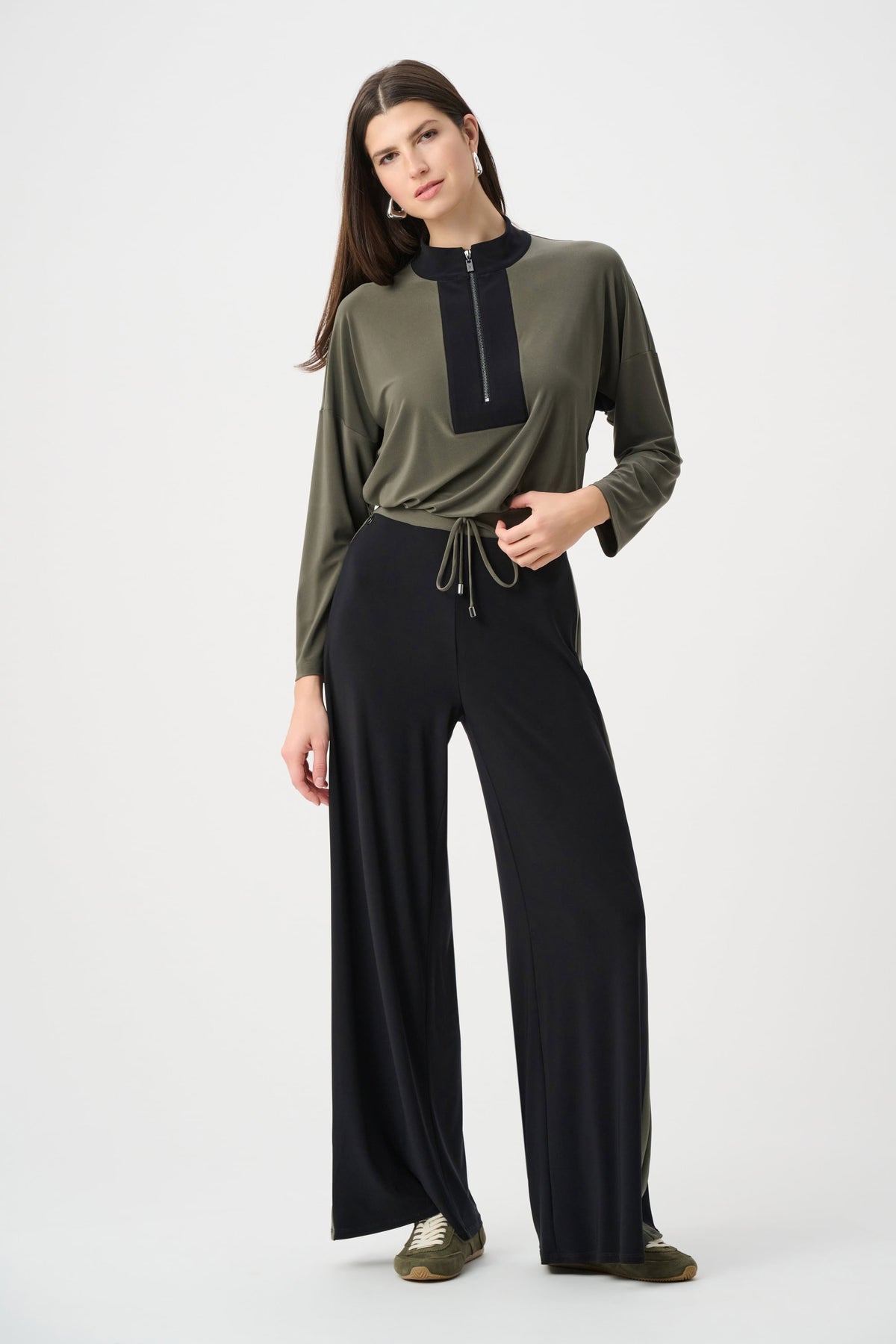 Joseph Ribkoff Contrast Stripe Drawstring Pants in Black/Avocado, style 263607 shown from the front