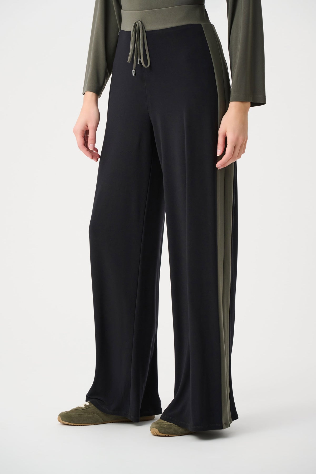 Joseph Ribkoff Contrast Stripe Drawstring Pants in Black/Avocado, style 263607 shown at a three-quarter angle