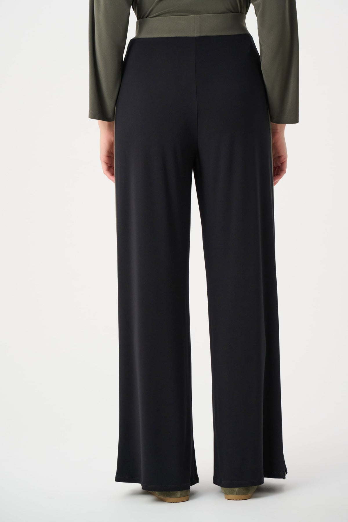 Joseph Ribkoff Contrast Stripe Drawstring Pants in Black/Avocado, style 263607 shown from the back