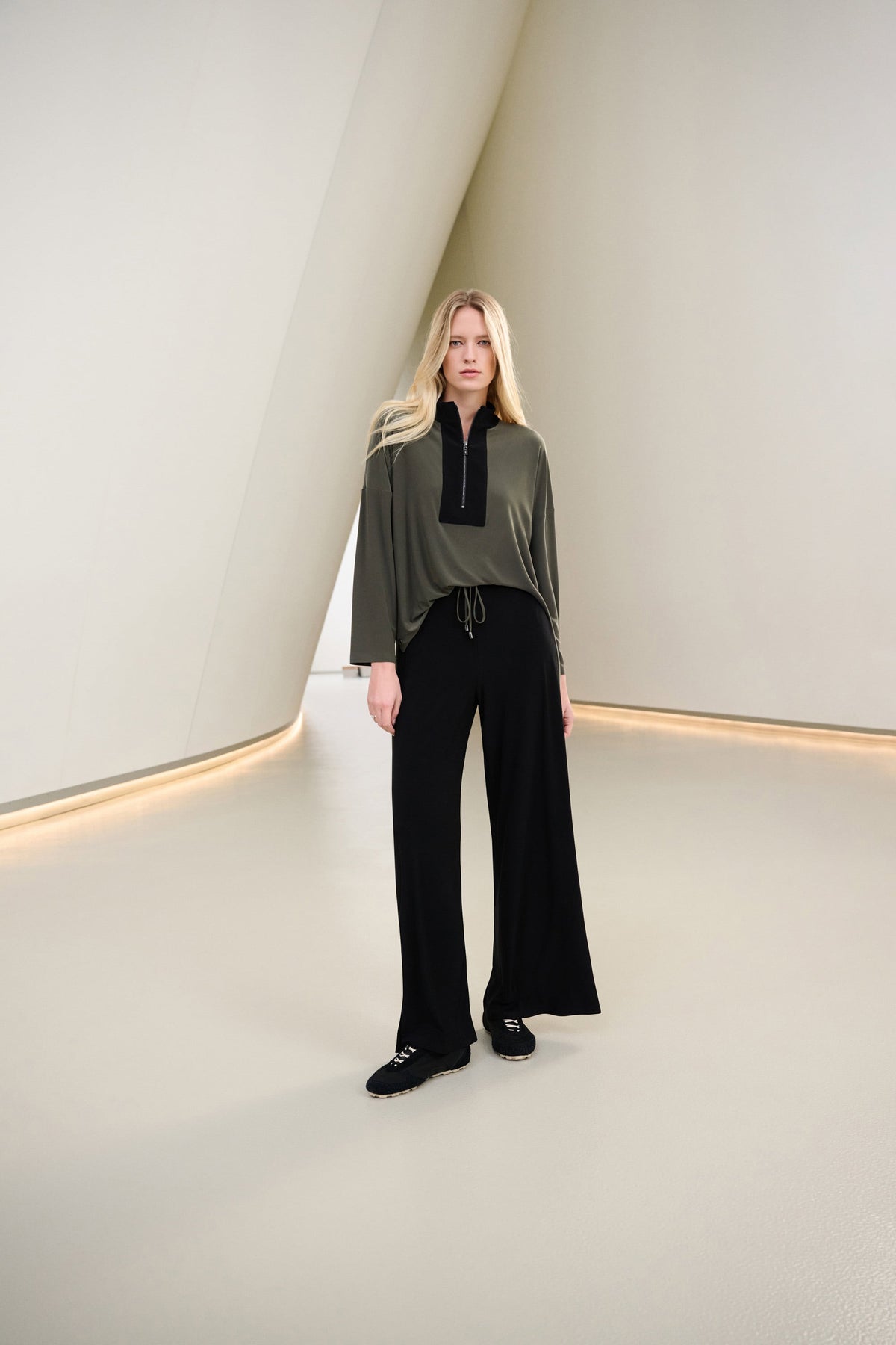 Full styled view featuring Joseph Ribkoff Contrast Stripe Drawstring Pants in Black/Avocado, style 263607