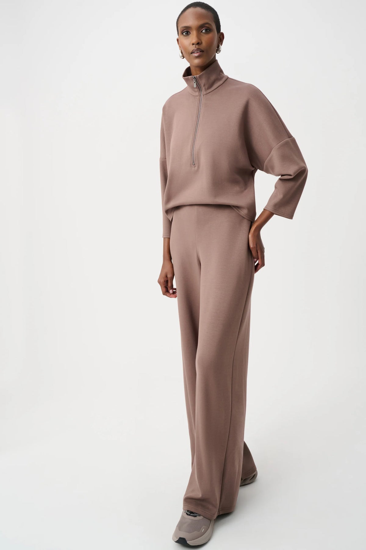 Full styled view featuring Joseph Ribkoff Half-Zip Wide-Leg Jumpsuit in Mink, style 263613