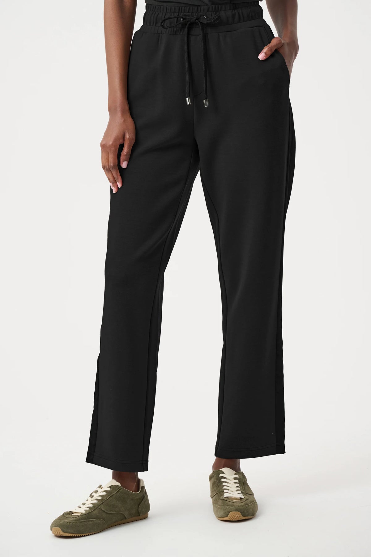 Joseph Ribkoff Scuba Jersey Straight Leg Pants in black, style 263623 shown at a three-quarter angle