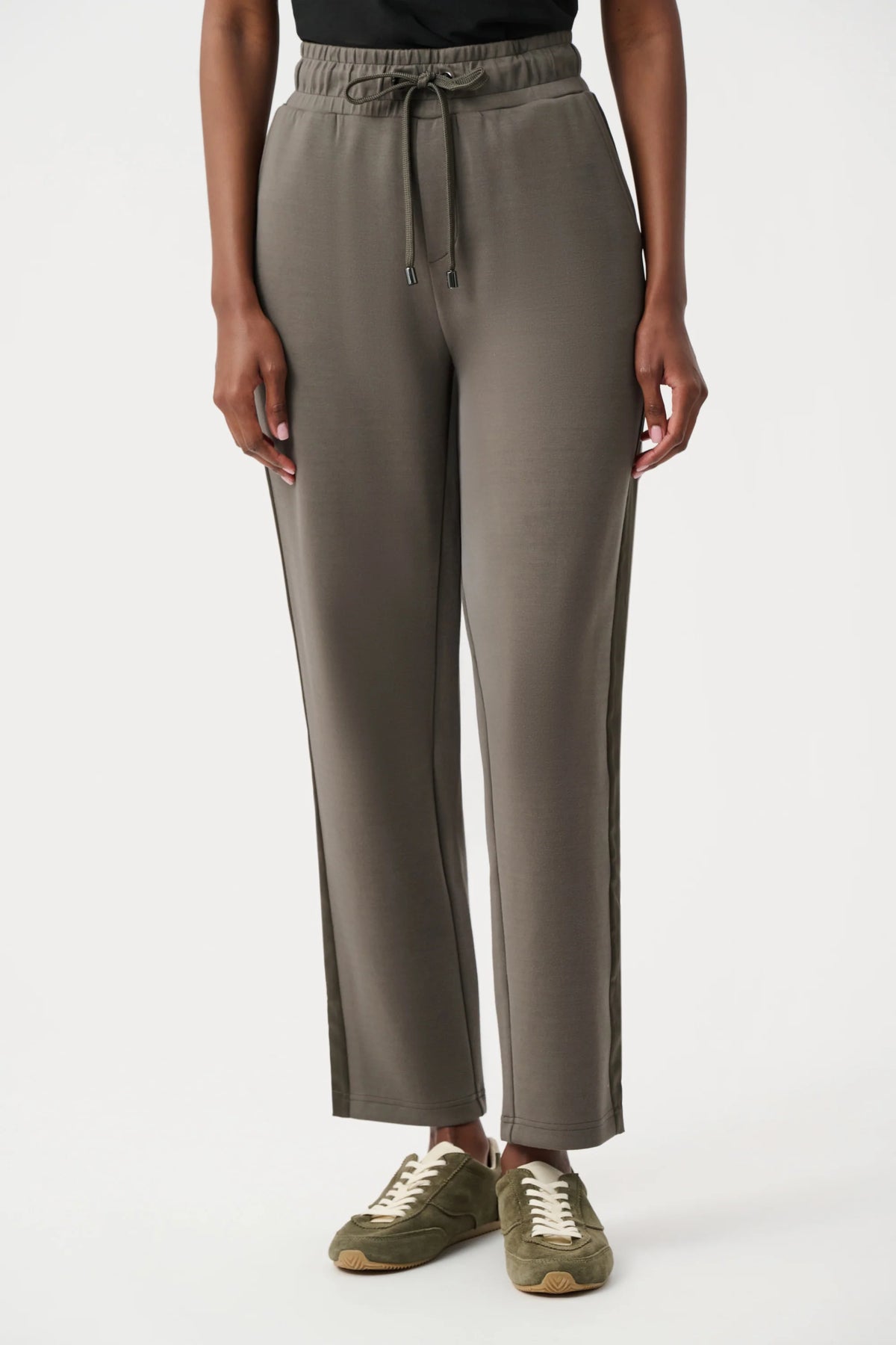Joseph Ribkoff Scuba Jersey Straight Leg Pants in Avocado, style 263623 shown at a three-quarter angle