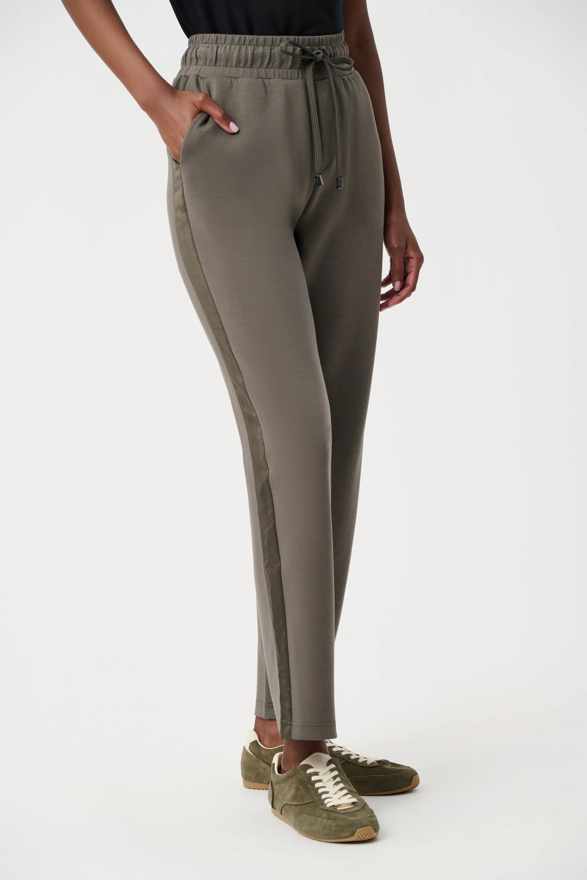 Joseph Ribkoff Scuba Jersey Straight Leg Pants in Avocado, style 263623 shown at side angle 