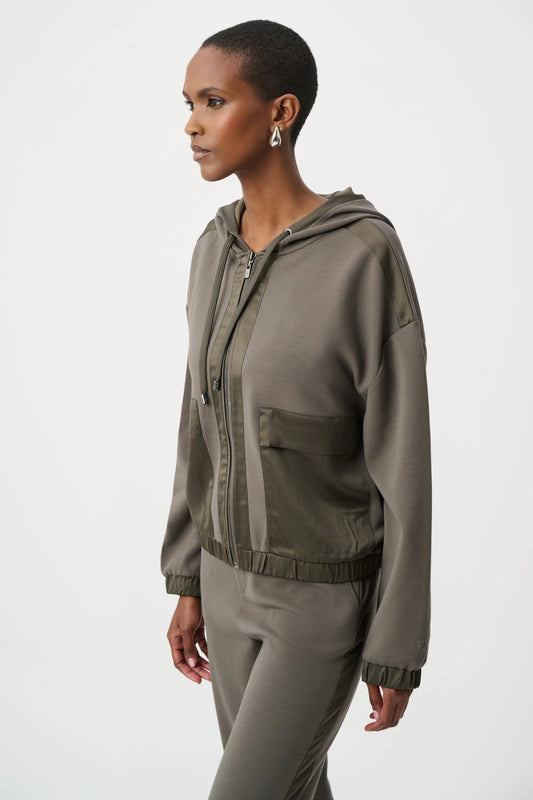 Joseph Ribkoff Scuba Jersey & Satin Hooded Boxy Jacket in Avocado, style 263624 shown from the side 