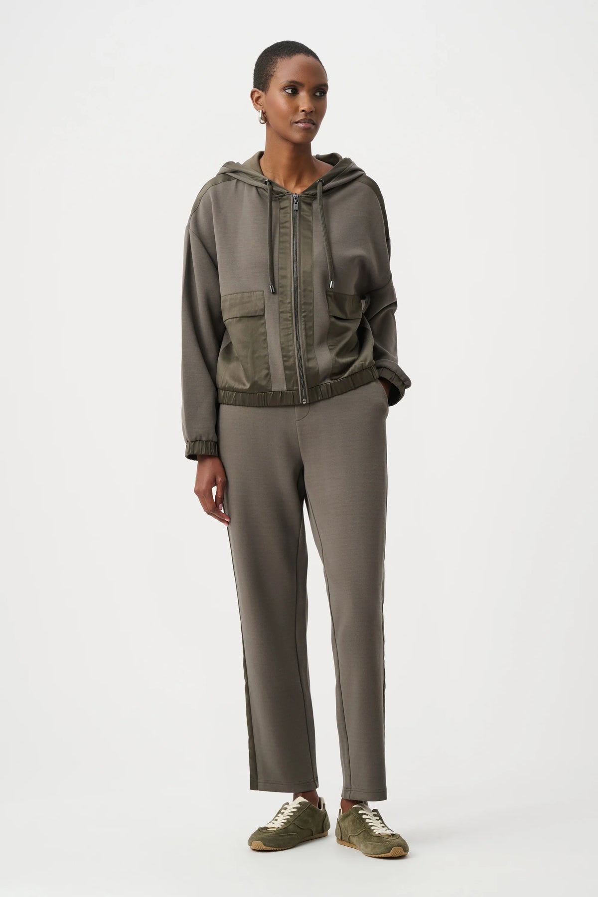 Full styled view featuring Joseph Ribkoff Scuba Jersey & Satin Hooded Boxy Jacket in Avocado, style 263624