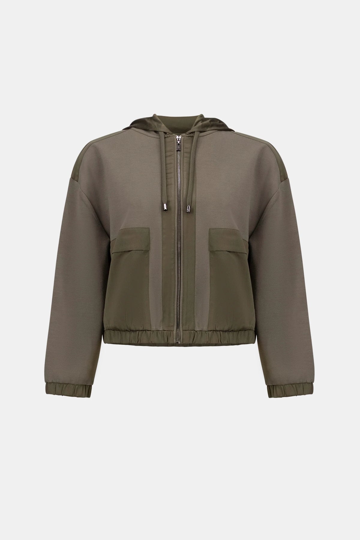 Joseph Ribkoff Scuba Jersey & Satin Hooded Boxy Jacket in Avocado, style 263624  