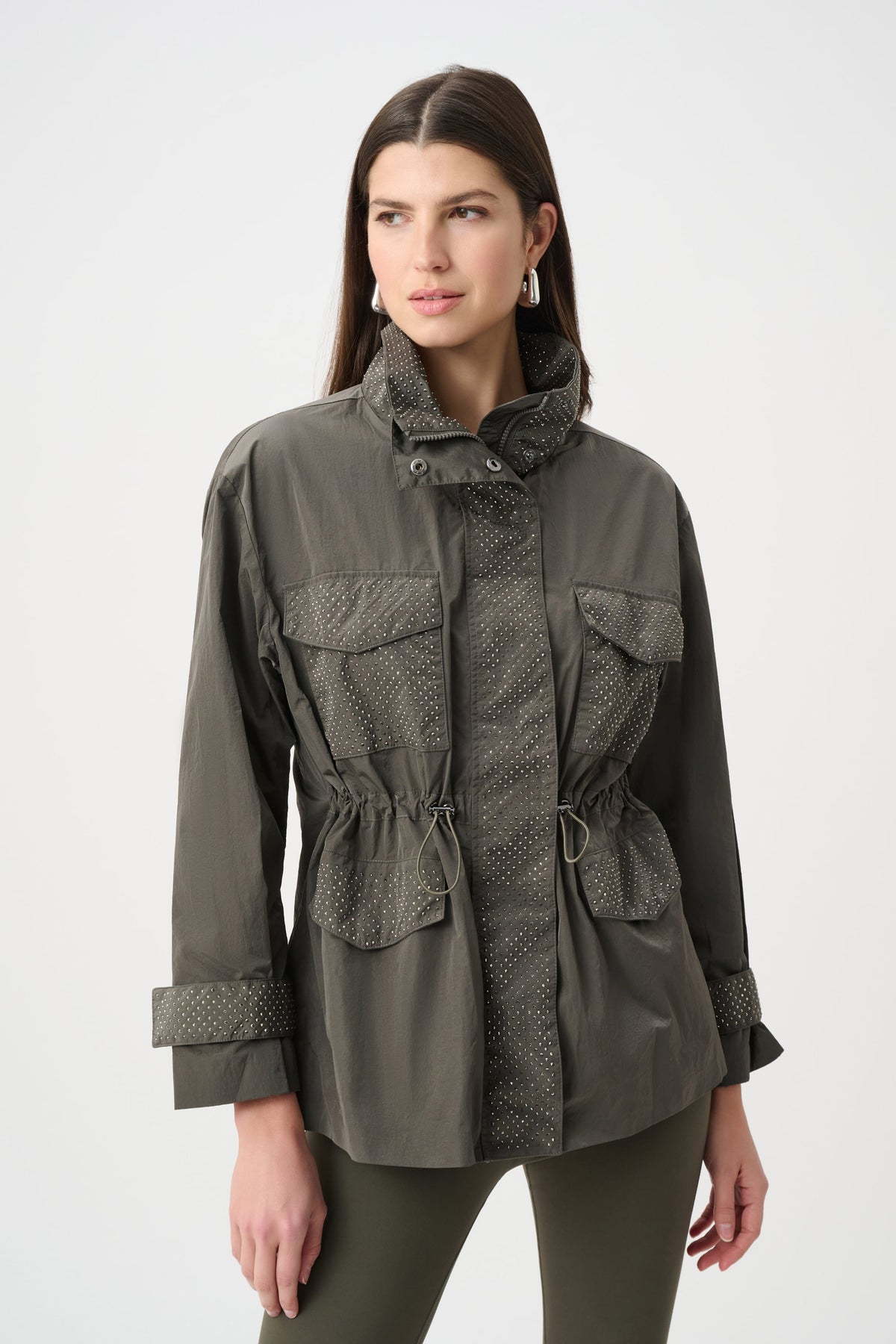 Joseph Ribkoff Embellished Utility Jacket in Avocado, style 263633 shown from the front