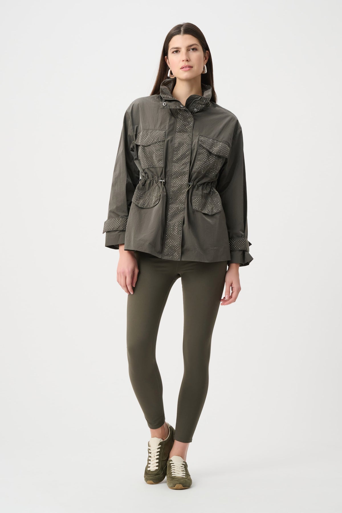 Full styled view featuring Joseph Ribkoff Embellished Utility Jacket in Avocado, style 263633