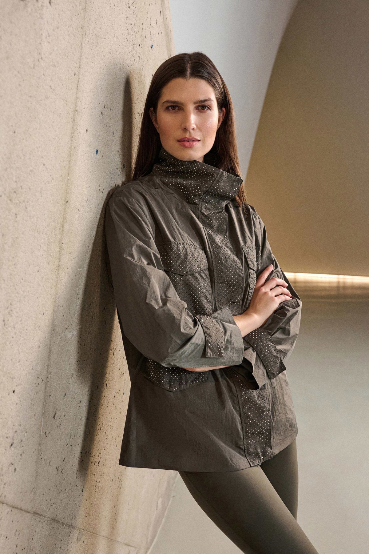 Joseph Ribkoff Embellished Utility Jacket in Avocado, style 263633 shown at a three-quarter angle
