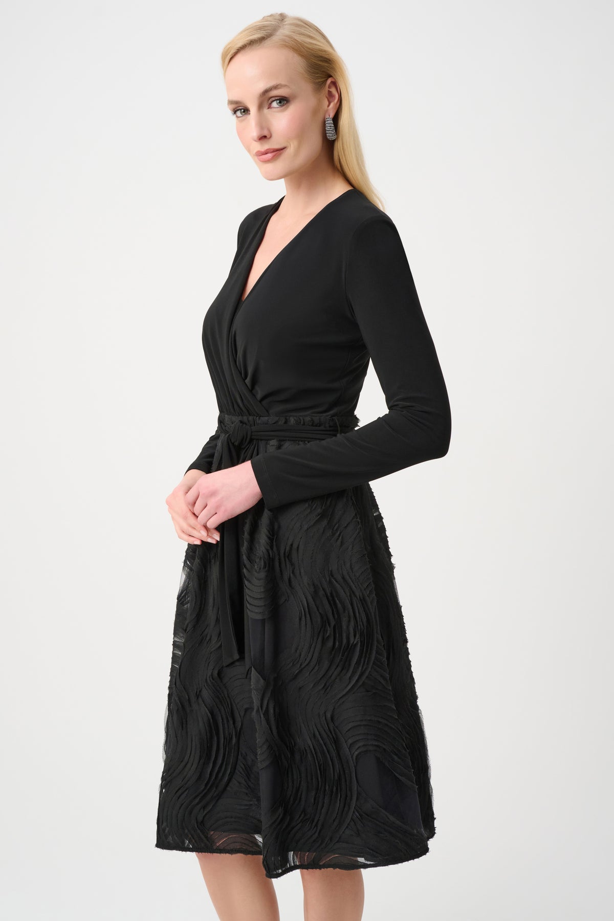 Joseph Ribkoff Signature Fit and Flare Dress in Black, style 263719 shown at a three-quarter angle