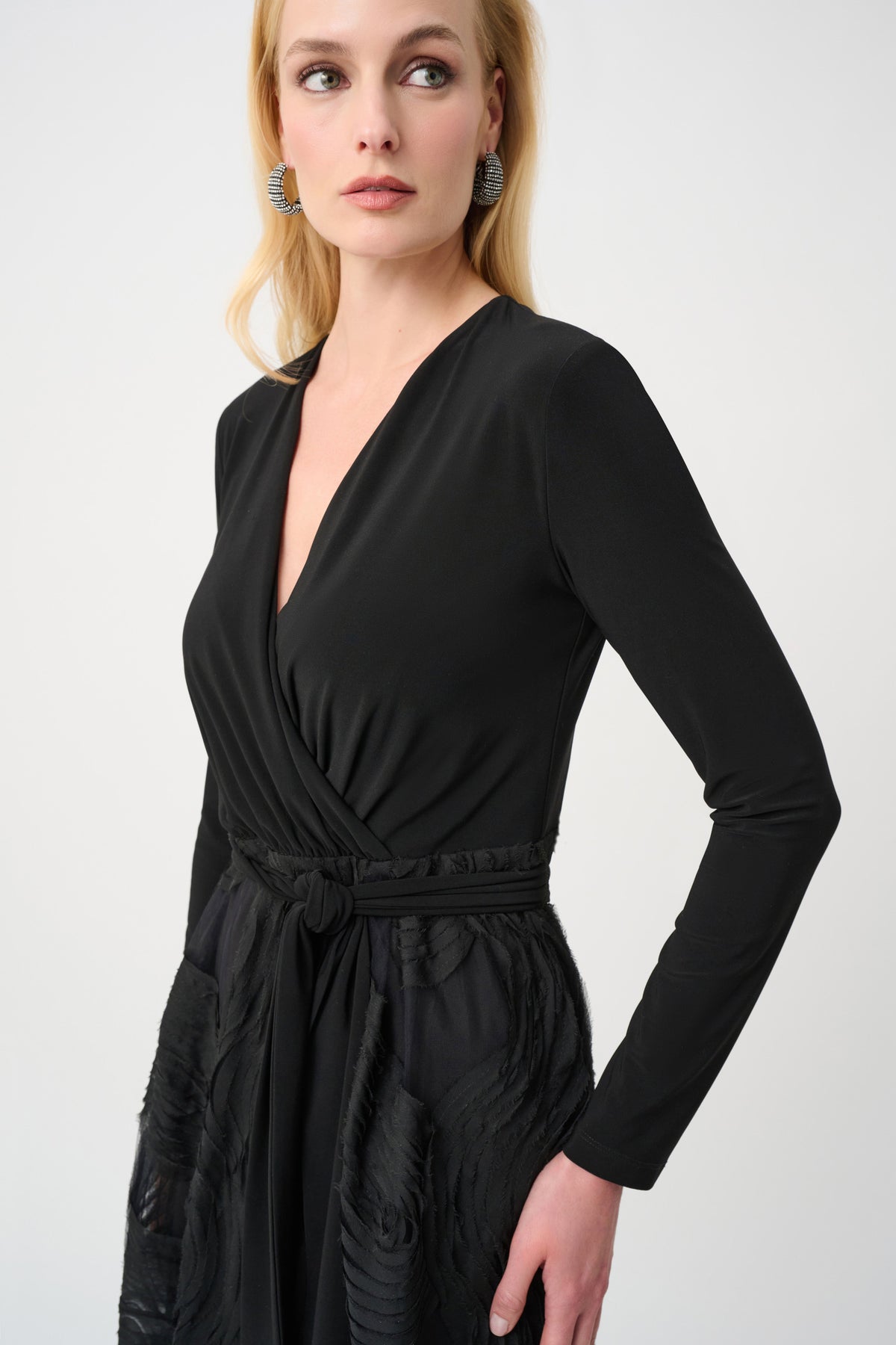 Close-up of neckline and upper-body details on Joseph Ribkoff Signature Fit and Flare Dress in Black, style 263719
