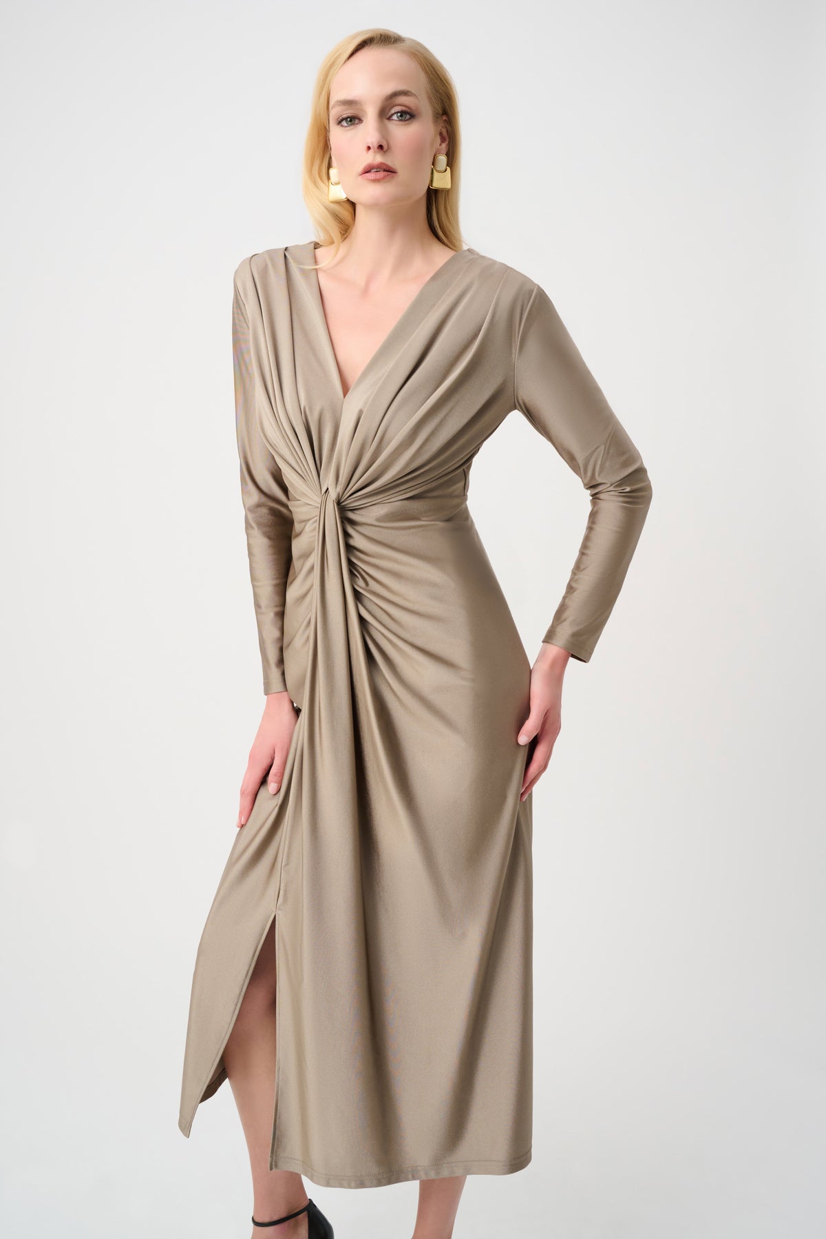 Joseph Ribkoff Signature Draped V-Neck Sheath Dress in Platinum Grey, style 253714F26 shown from the front on model
