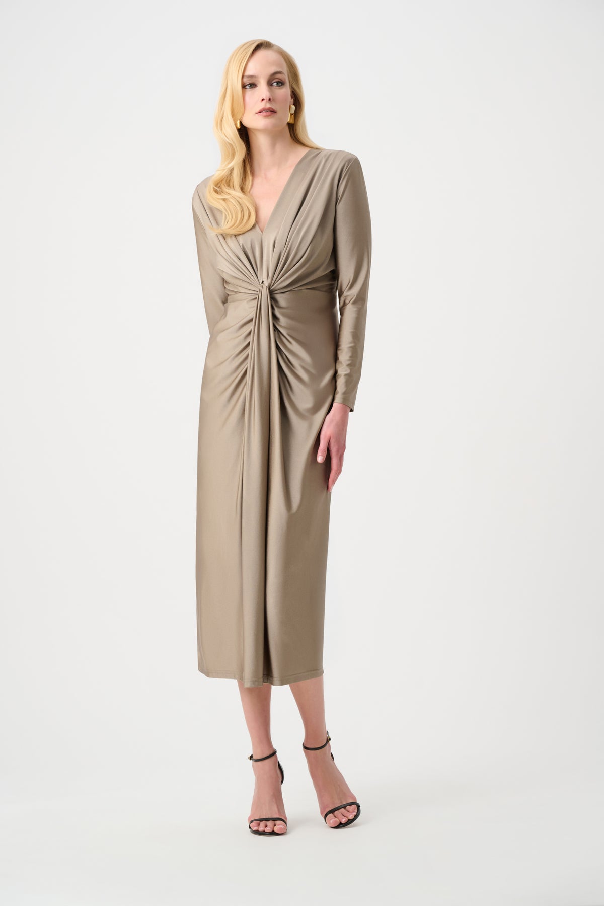Full-length styled view of Joseph Ribkoff Signature Draped V-Neck Sheath Dress in Platinum Grey, style 253714F26