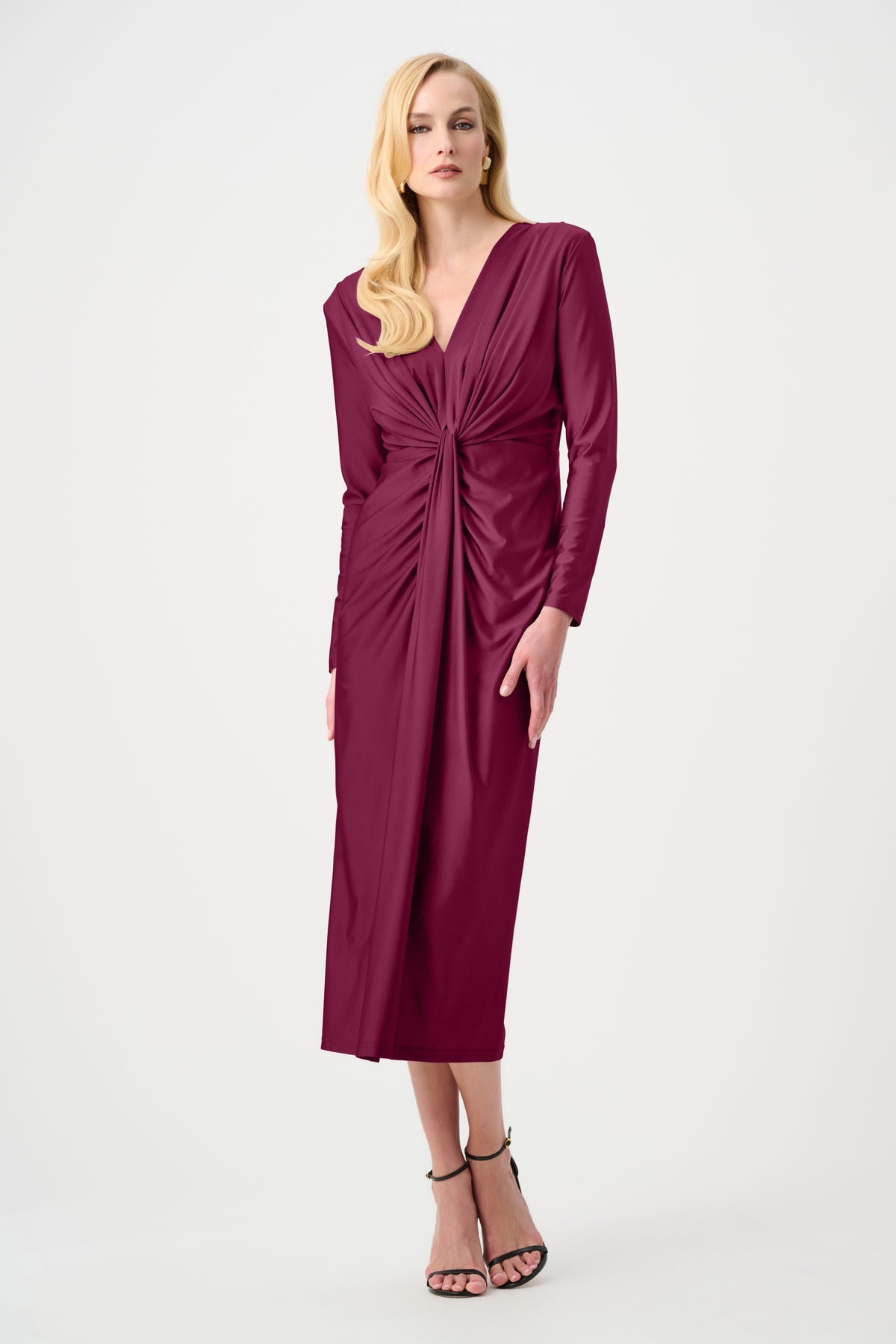 Full-length styled view of Joseph Ribkoff Signature Draped V-Neck Sheath Dress in Berry Burst, style 253714F26